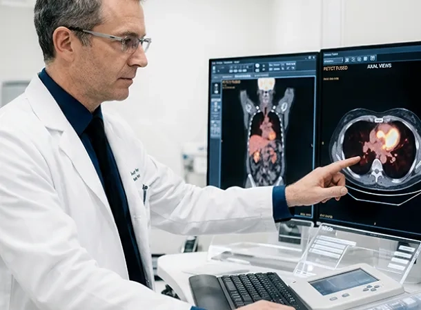 Médecin examinant des images d'imagerie médicale (TEP/TEMP) sur écrans