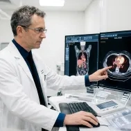 Médecin examinant des images d'imagerie médicale (TEP/TEMP) sur écrans